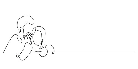one continuous line drawing of a man whispering into a woman's ear. one line drawing of a man whispering conveying news, giving news, conveying gossip. single line vector illustration.