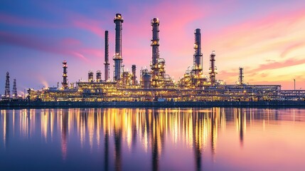 Fototapeta premium Dynamic Oil Refinery at Sunset Reflected in Water