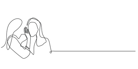 one continuous line drawing of a woman whispering into her friend's ear. one line drawing of a woman whispering conveying news, giving news, conveying gossip. single line vector illustration
