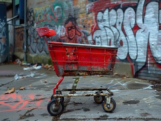 Rusty Shopping Cart Abandoned on a Graffiti-Covered Street