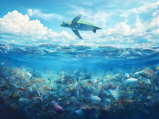 Environmental issue: turtle in polluted water among plastic waste