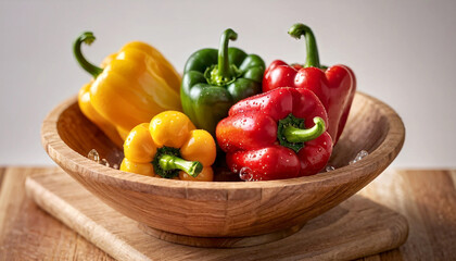 Capsicums in bowl with water drops on table