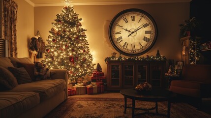 Cozy living room decorated for New Year 2025, with a Christmas tree glowing with lights and ornaments. A large clock on the wall shows midnight approaching, and festive decorations fill the room. 