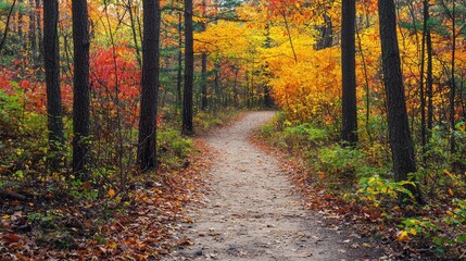 Obraz premium Scenic Hiking Trail Through a Colorful Forest in Autumn