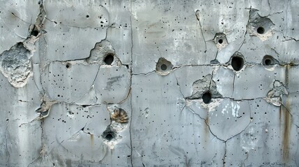 Weathered Concrete Wall with Numerous Bullet Holes and Cracks