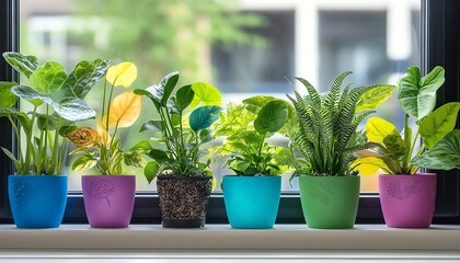 A colorful row of potted indoor plants on a windowsill with vibrant leaves, bringing freshness and nature into a bright, modern space.