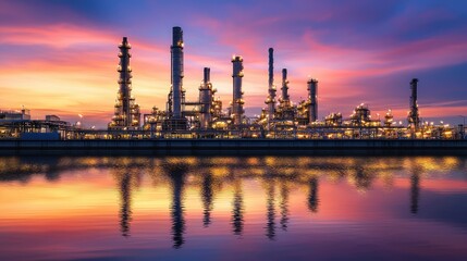 Dynamic Oil Refinery at Sunset with Towering Structures