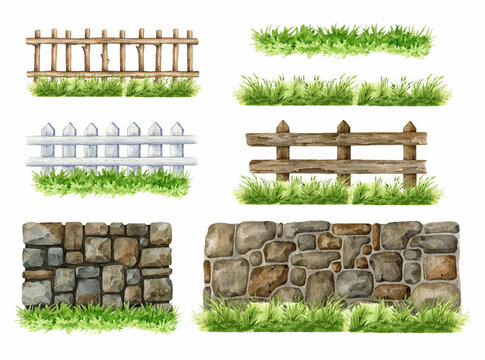Wooden picket fence, stone wall, green grass element painted set. Vintage style illustration of various fences for garden, farm paddock, house terrace, backyard and ranch. White background