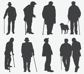 Old Mans, Aged people, Elderly People, Seniors Walking with Canes Silhouettes