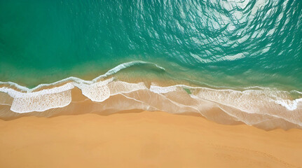 Obraz premium Top view aerial image from drone of an stunning beautiful sea landscape beach with turquoise water with copy space for your text. Beautiful Sand beach with turquoise water, aerial UAV drone shot