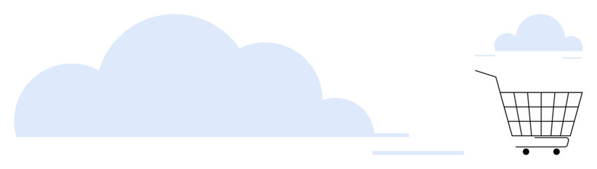 Light blue cloud and simple black shopping cart on white backdrop suggesting cloud-based retail. Ideal for e-commerce, online stores, digital marketing, cloud services, sales promotions. Simple