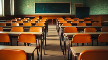 Fototapeta premium Empty Classroom Desks and Chairs in Rows
