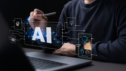 Internet technology and people's networks use AI to help with working and searching, AI Learning or artificial intelligence in business and , AI technology in everyday life.