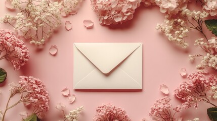 A white envelope surrounded by pink and white flowers on a pink background.