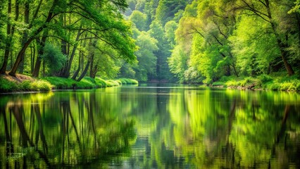 Fototapeta premium Description: A serene green forest bending over a peaceful river reflecting the sky