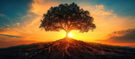 A lone tree with expansive roots stands against a vibrant sunset sky, symbolizing strength, resilience, and grounding.