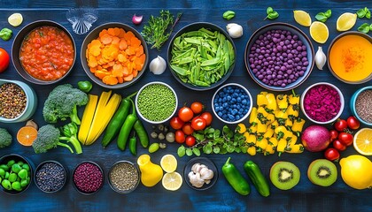 Colorful array of fresh fruits and vegetables, showcasing vibrant natural produce on a dark background, perfect for healthy lifestyle visuals.