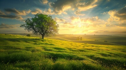 Sunset Over Rolling Hills and a Solitary Tree