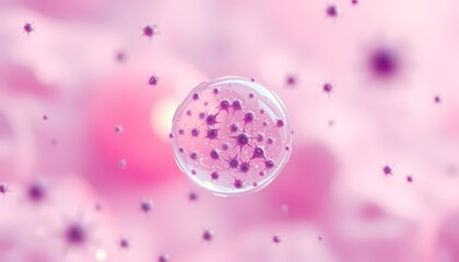 Microscopic 3D rendering of a cell with purple viruses attacking.