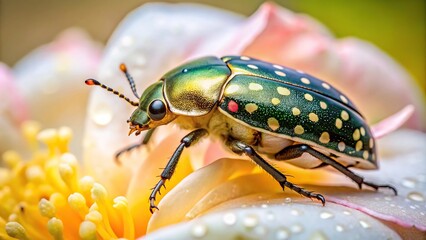Naklejka premium description: Beautiful macro shot of a Long Shot Beetle Oxythyrea funesta on a flower