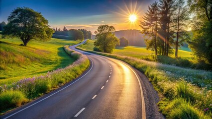 Obraz premium A winding road leading through a lush green meadow, bathed in the golden light of a setting sun, casting long shadows across the landscape