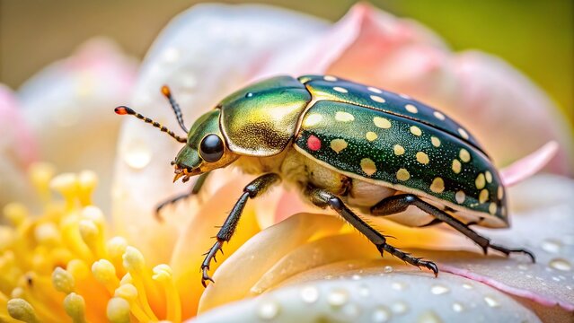 description: Beautiful macro shot of a Long Shot Beetle Oxythyrea funesta on a flower