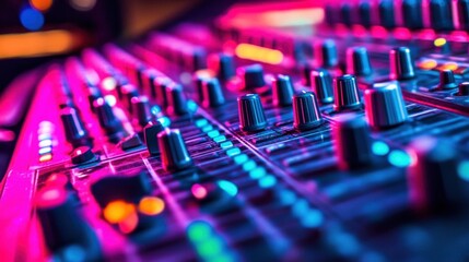 A colorful display of lights and buttons on a professional mixing console, symbolizing the dynamic world of audio production in a recording studio.