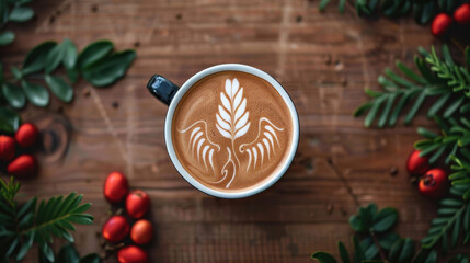 top down view of latte art featuring intricate design, surrounded by greenery and red berries, creating warm and inviting atmosphere
