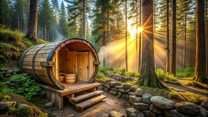 Naklejka premium A Wooden Barrel Cabin Nestled in a Forest with Sunlight Filtering Through the Trees and Misty Morning Air