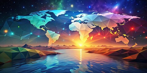 Fototapeta premium A Polygonal Earth Rises Above a Serene Sunset Landscape, With a Starry Sky Above and a Reflective Water Surface Below