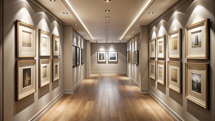 description: Curated gallery wall in neutral toned hallway with recessed lighting