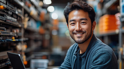 Obraz premium Asian man IT technician managing server room systems with laptop in a high-tech data center