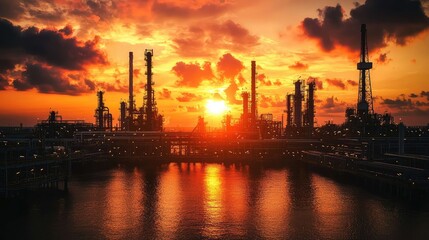 Fototapeta premium Captivating Sunset Over Oil Refinery Silhouette