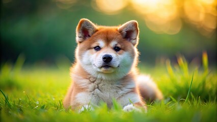 Description: Cute red Akita Inu puppy lying on grass from a bird's eye view