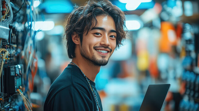 Asian man IT technician managing server room systems with laptop in a high-tech data center