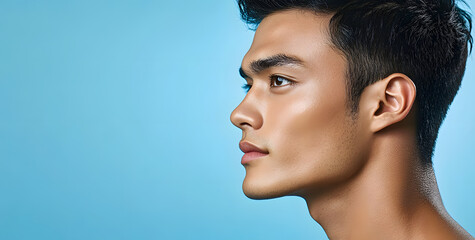 Photo of a Asia, Laos man with a perfect nose shape on a blue background