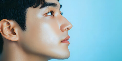 Photo of a Asia, Laos man with a perfect nose shape on a blue background