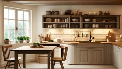 Fototapeta premium A charming kitchen showcasing wooden flooring and a sturdy wooden table, enhancing the room's natural appeal.