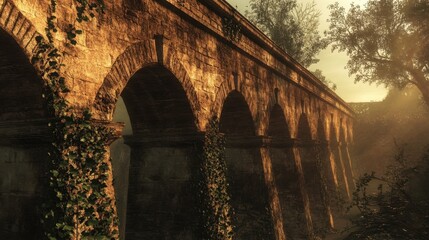 Obraz premium A low-angle view of an ancient stone aqueduct at sunrise, with ivy creeping along its weathered arches, soft light bathing the intricate textures of the stonework.