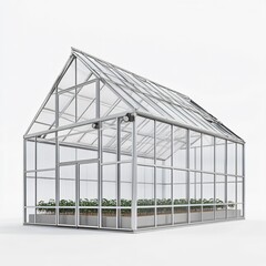Fototapeta premium Greenhouse construction in a glasshouse garden with plants against a blue sky