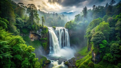 Description: High angle misty waterfall in a dense forest creates a mesmerizing natural landscape
