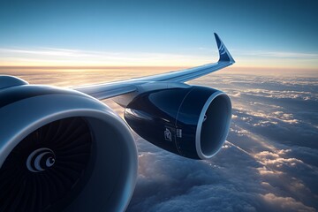 Fototapeta premium Commercial jet plane gracefully soaring through the blue sky, its wings outstretched against a backdrop of fluffy white clouds