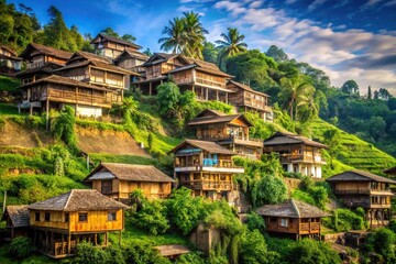 Obraz premium description: Hillside Indonesian houses on slopes with wide-angle view