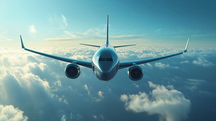 Naklejka premium Passenger jet soaring high above fluffy clouds, embarking on a journey across the vast blue sky