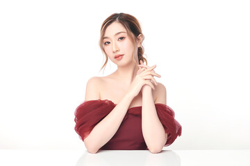 Obraz premium Beautiful young asian woman with clean fresh skin on white background, Face care, Facial treatment, Cosmetology, beauty and spa, Asian women portrait.