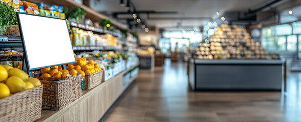 Blank Sign Mockup in Modern Grocery Store.