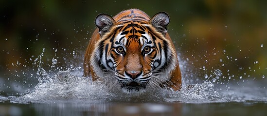 Fototapeta premium A majestic tiger emerges from the water with a powerful presence, its stripes and fierce gaze command attention.