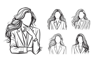 Line Art Beauty Corporate Women With Suit And Unravel Hair Photo Art Black and White Illustration Hand Drawn Clipart
