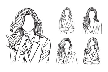 A hand-drawn line art illustration of a beautiful corporate woman in a suit