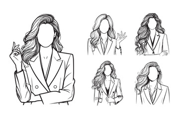 Black and white clipart depicting a woman with unraveled hair in a suit